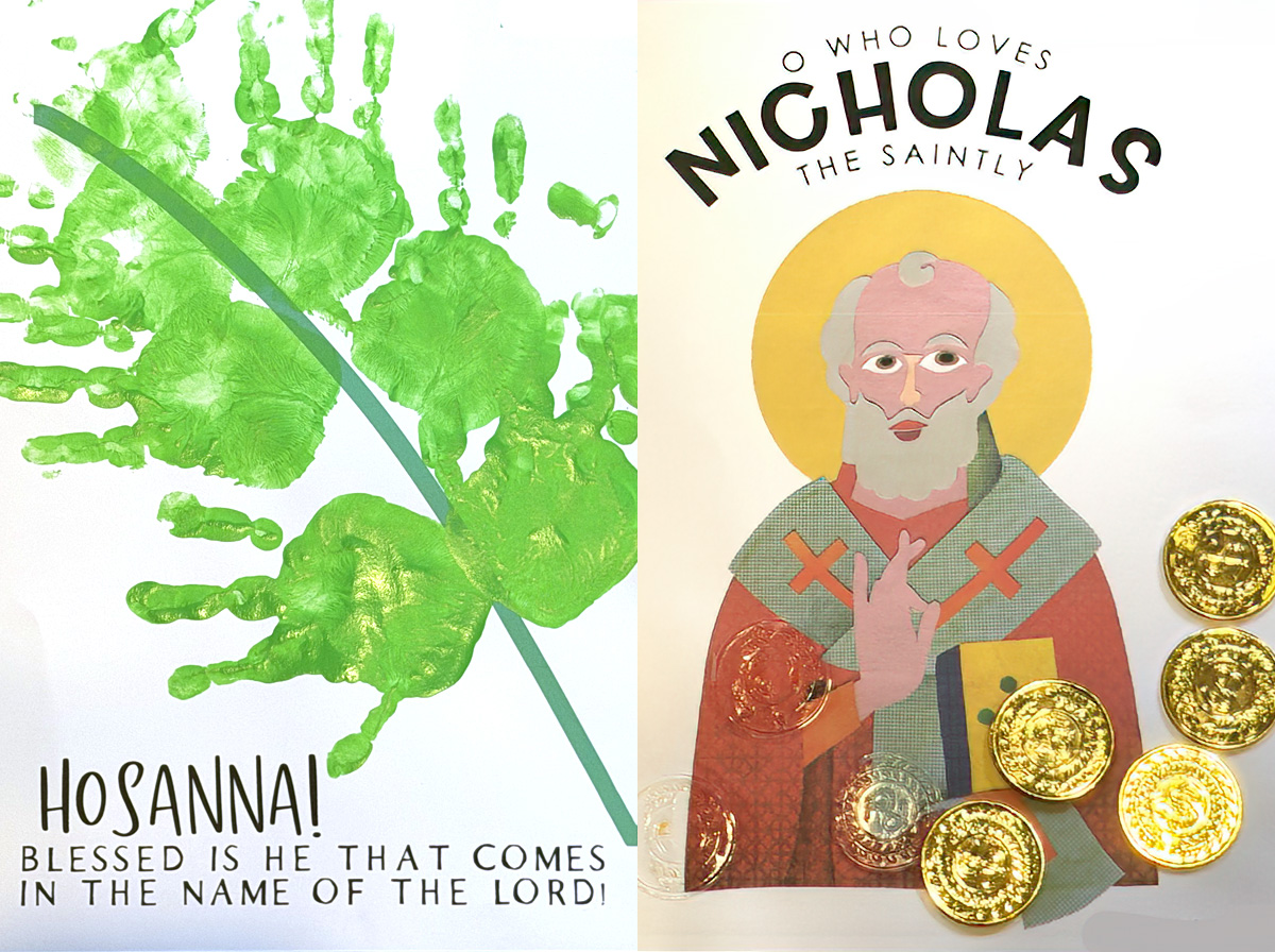Hand-painting on Palm Sunday and coin activity on the feastday of St. Nicholas.