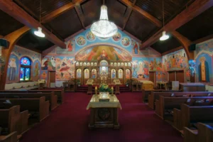 Interior of an Orthodox Christian church with iconostasis and icons, Archangel Michael Orthodox Church near Cleveland