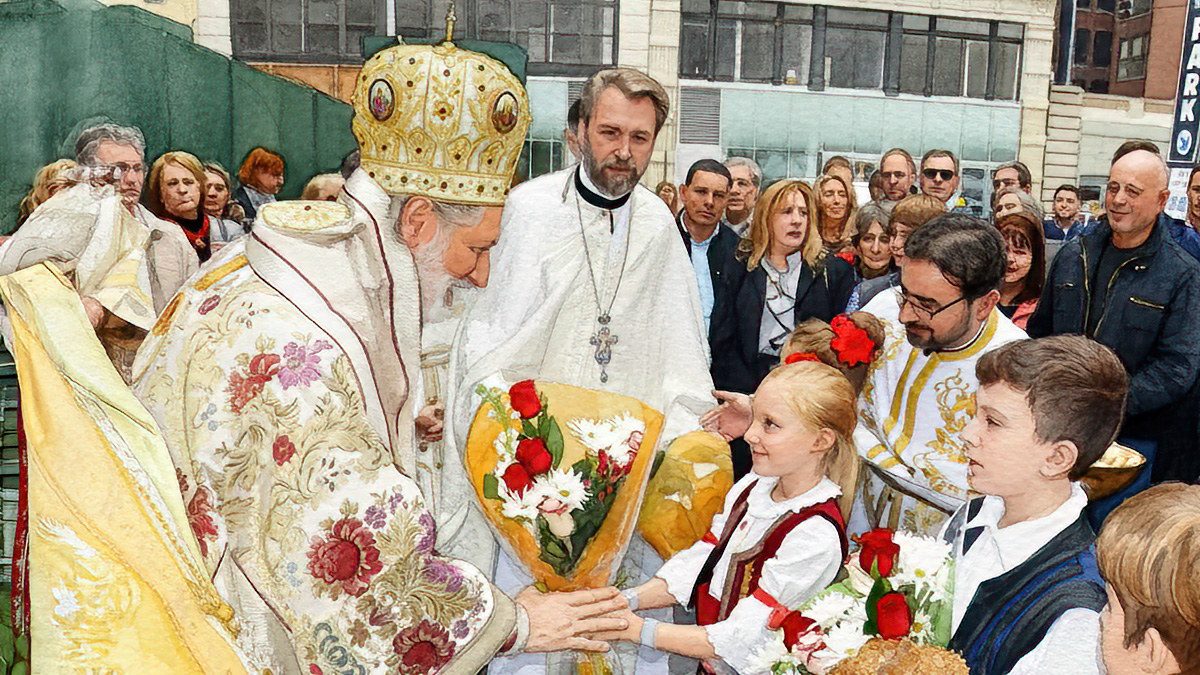 A girl presenting flowers to an Orthodox Bishop