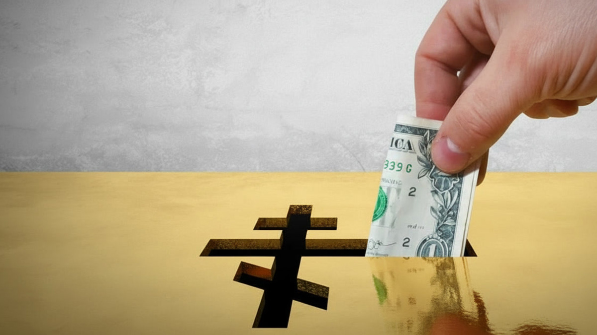 An Orthodox Cross with a dollar being put into a giving tray